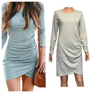 BTFBM Ruched Bodycon Long Sleeve Wrap Style Dress MEDIUM